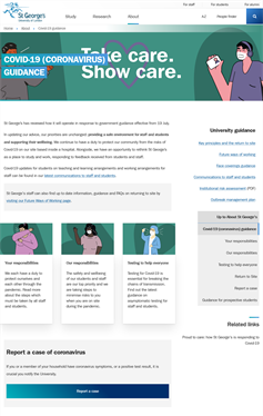 Screenshot of coronavirus guidance on the SGUL website with the slogan 'Take Care. Show care'