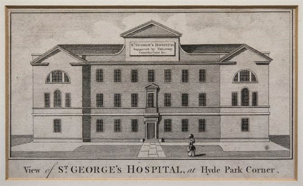 An etching of St George's at Hyde Park Corner, c,1740.