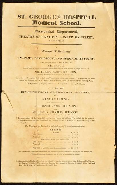 Prospectus for a course of lecturers on anatomy at the St George's Hospital Medical School at Kinnerton Street for 1837-1838, St George's Archives & Special Collections