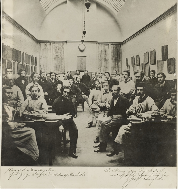 Photograph of the dissecting room at St George's Hospital, with students and lecturers, including Henry Gray, 1860
