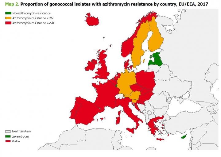 A map of gonorrhoea resistance in Western Europe.