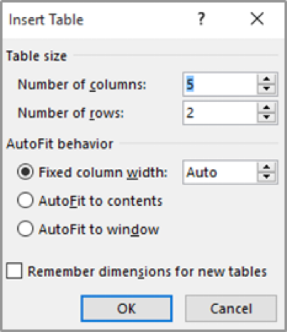Insert table dialogue box in Word