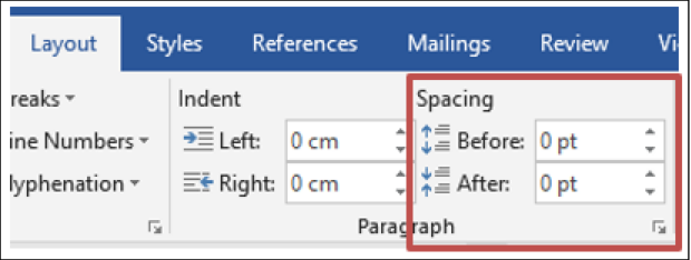 Paragraph spacing options in layout section in Word