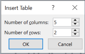 PowerPoint insert table dialogue box