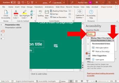 Screenshot of PowerPoint presentation showing location of Accessibility Inspector
