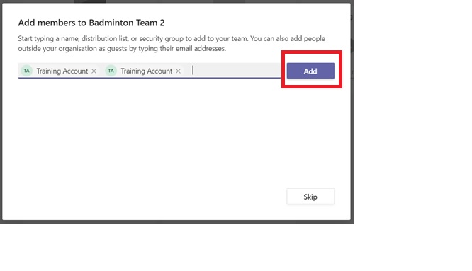 Add Team Memebers Window