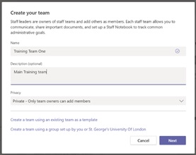 Create Your Team Window