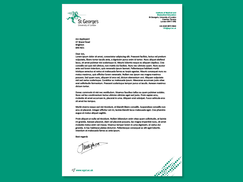 Example of a branded St George's letter with letterhead.