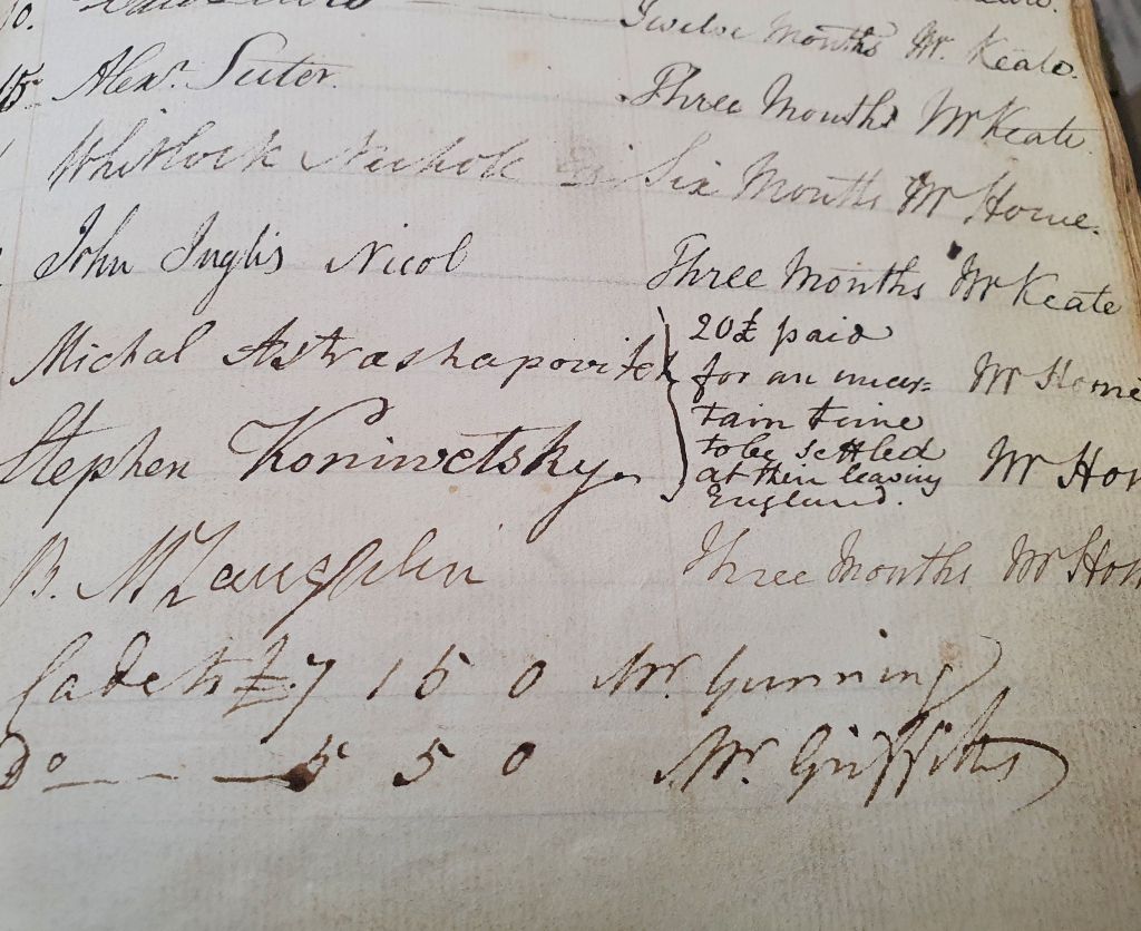Photo of 1808 student register, showing enrolment of Michal Astrashapovitch and Stephen Koniwetsky. 