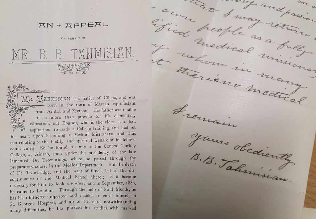 Composite image. Left-hand side: ‘An appeal on behalf of Mr B.B. Tahmisian’ (1892). Right-hand side: a letter signed by Tahmisian.