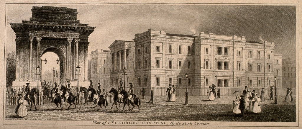 Engraving of St George's Hospital and Constitution Arch