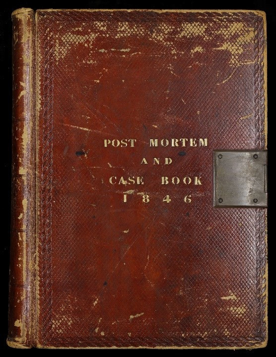 Photo of book cover: Post mortem and case book 1846, PM/1846. Archives and Special Collections, St George’s, University of London.