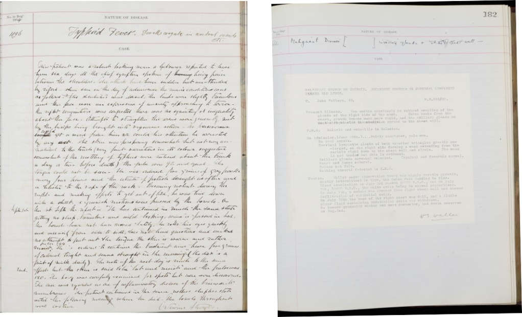 Medical case notes for James Cronin, PM/1864/233, signed by Octavius Sturges; and John Welburn, PM/1920/182, signed by Wathen Ernest Waller. Archives and Special Collections, St George’s, University of London