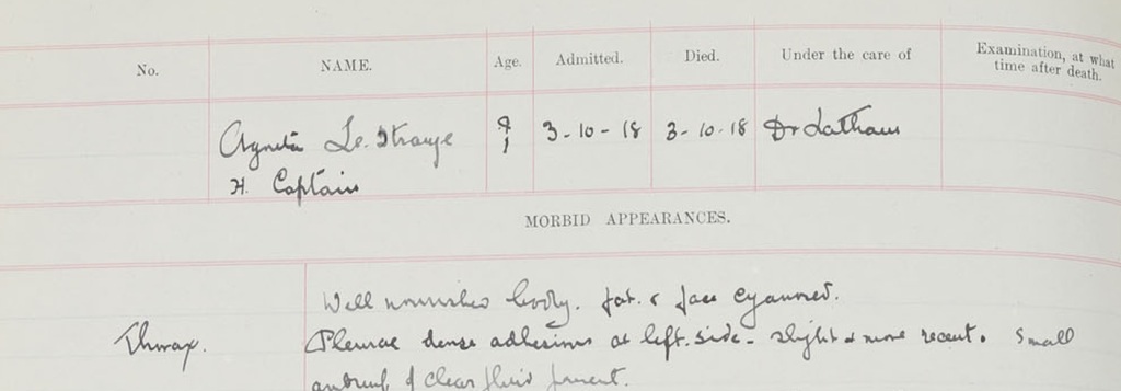 Post Mortem record of Agneta Le Strange, 3 Oct 1918, PM/1918/207