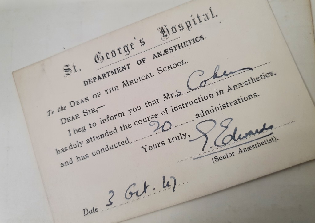 Attendance card from the Department of Anaesthetics. Student index cards A-C, Archives and Special Collections, St George’s, University of London.