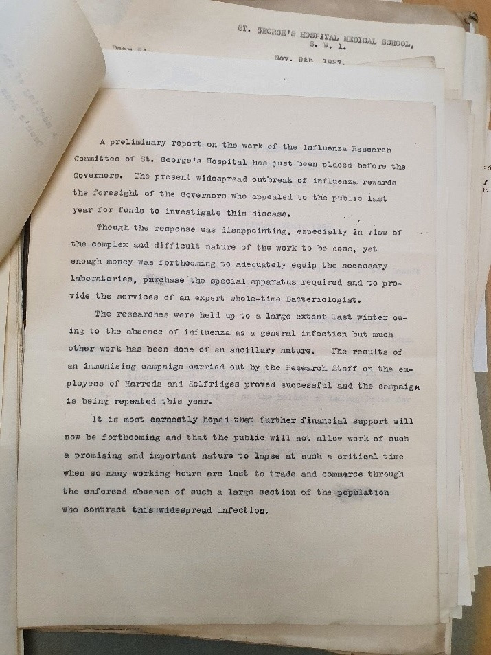 Photo of response to ‘Report on the work carried out in the Research Laboratory’, 11 Jul 1928. Archives and Special Collections, St George’s, University of London. 