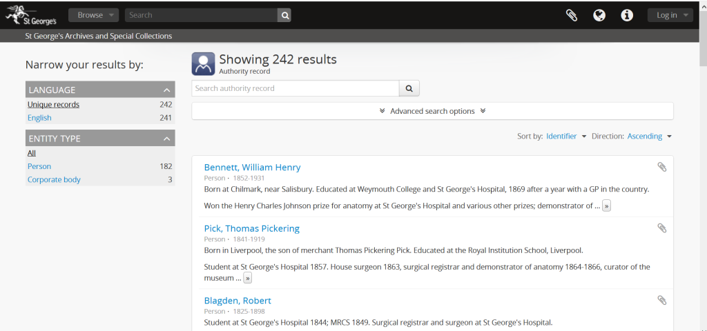 Screenshot of a search in the Authority Records on the Archives and Special Collection catalogue.