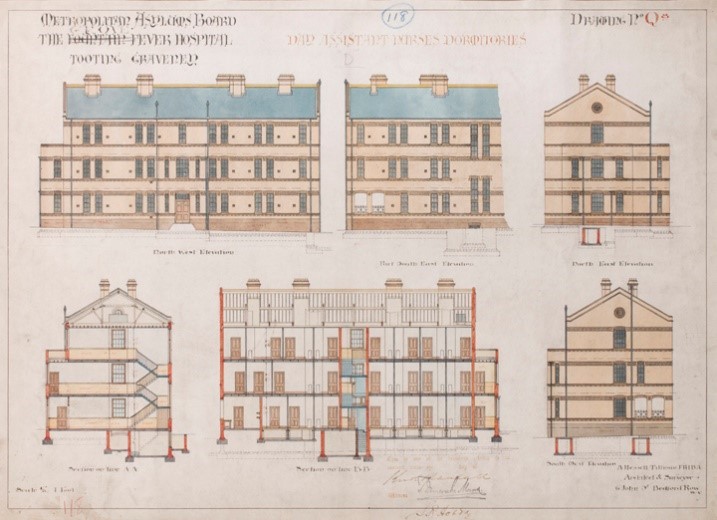 Photo of architectural drawing showing Fountain Grove Fever Hospital, Tooting Graveney