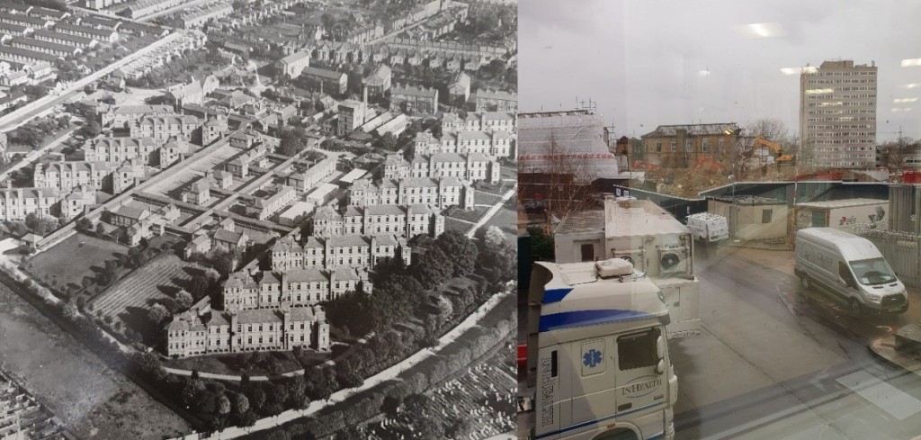 Left-hand side: aerial photo of St George's site with Fountain and Grove Hospitals in 1930s
Right-hand side: view of final buildings being demolished March 2021.