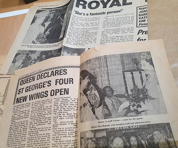 Newspaper clippings showing coverage of the opening of St George's Hospital and Medical School in 1980, by Her Majesty Queen Elizabeth II.