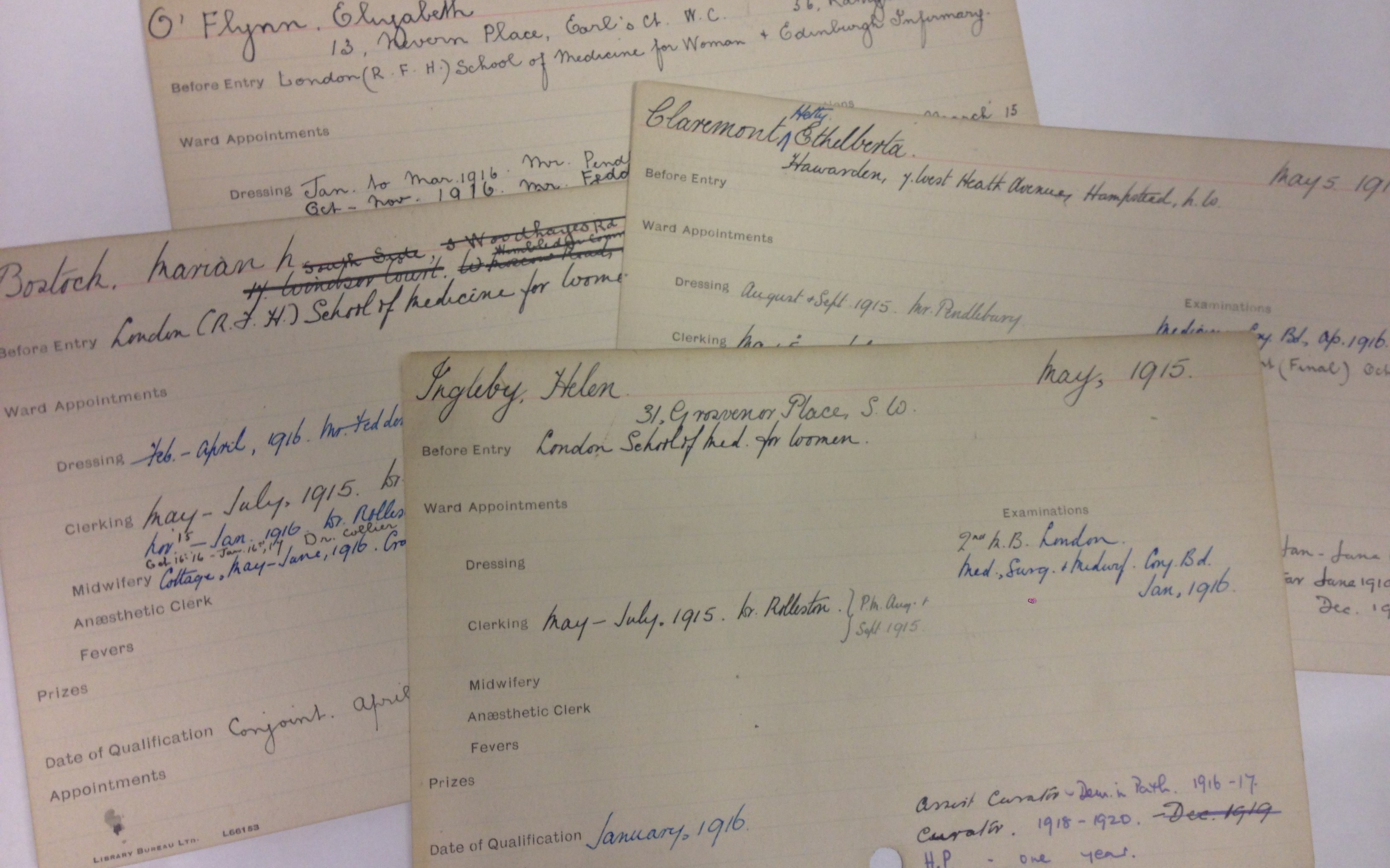 Hetty Claremont, Mariam Bostock, Helen Ingleby and Elizabeth O’Flynn student cards. (St George's Hospital Medical School, Archives & Special Collections)