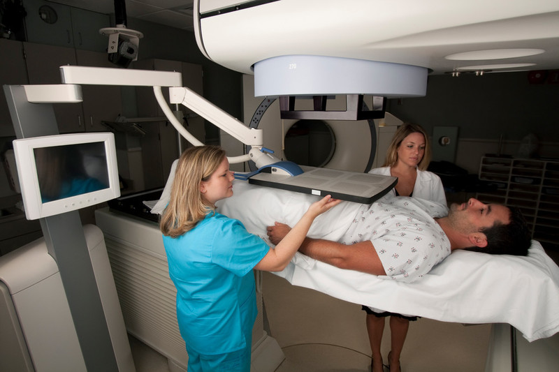 Man receiving radiotherapy treatment for prostate cancer.
